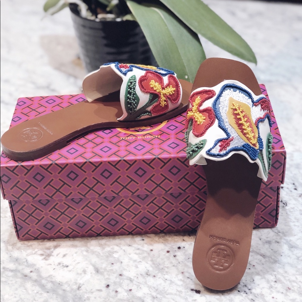 ❗️Tory Burch Embroidered Leather Bianca Slides